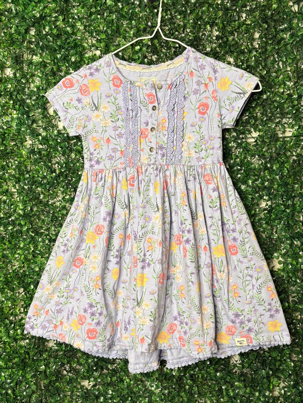 Mantaray Girls Lavender Floral Cotton Dress with Lace-Trim and button front